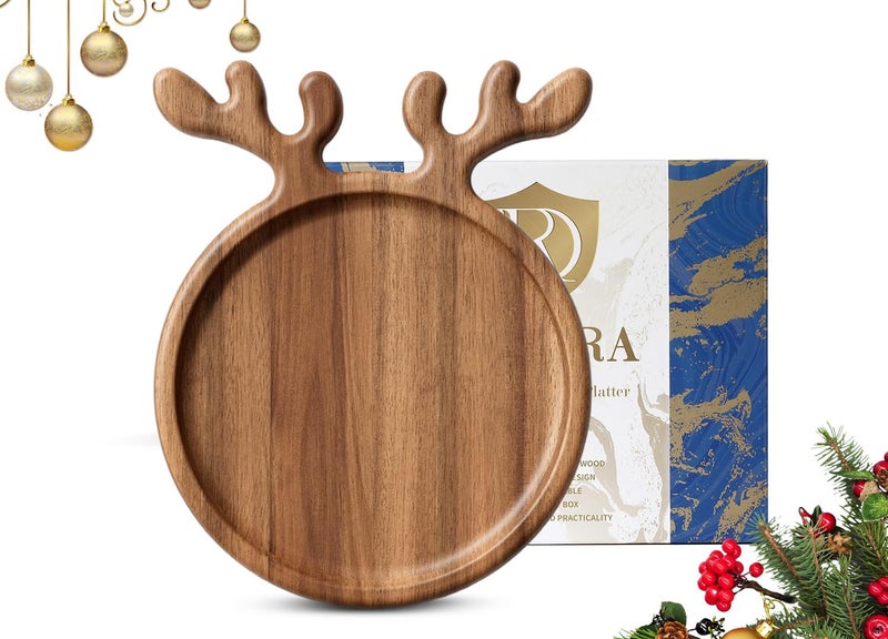 Dofira Acacia Antler Christmas Serving Platter, 12" x 15" Round Wooden Food Dish, Serving Dishes Charcuterie Board Tray for Cheese Fruit Bread, Christmas Platter for Housewarming Decro Wedding - Image 1